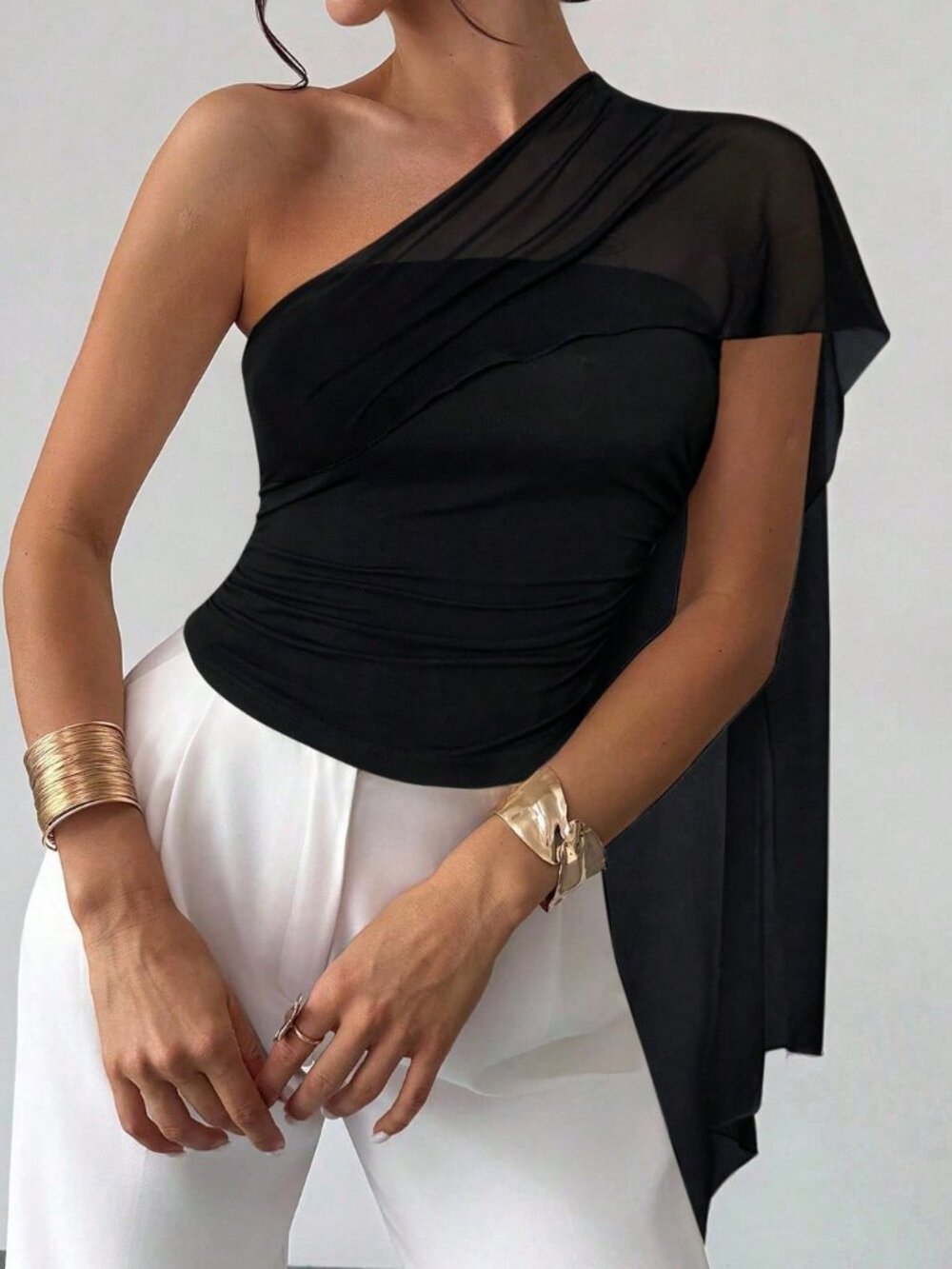 Black Elegant Women's Asymmetrical Shoulder Mesh Knit Ruffle Beach Blouse - Picture 3 of 6
